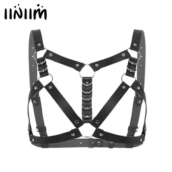 

Womens Fashion Exotic Bras Sissy Bondage Gothic Leather Body Chest Harness Waist Belt with Buckles Open Nipples Costume Clubwear