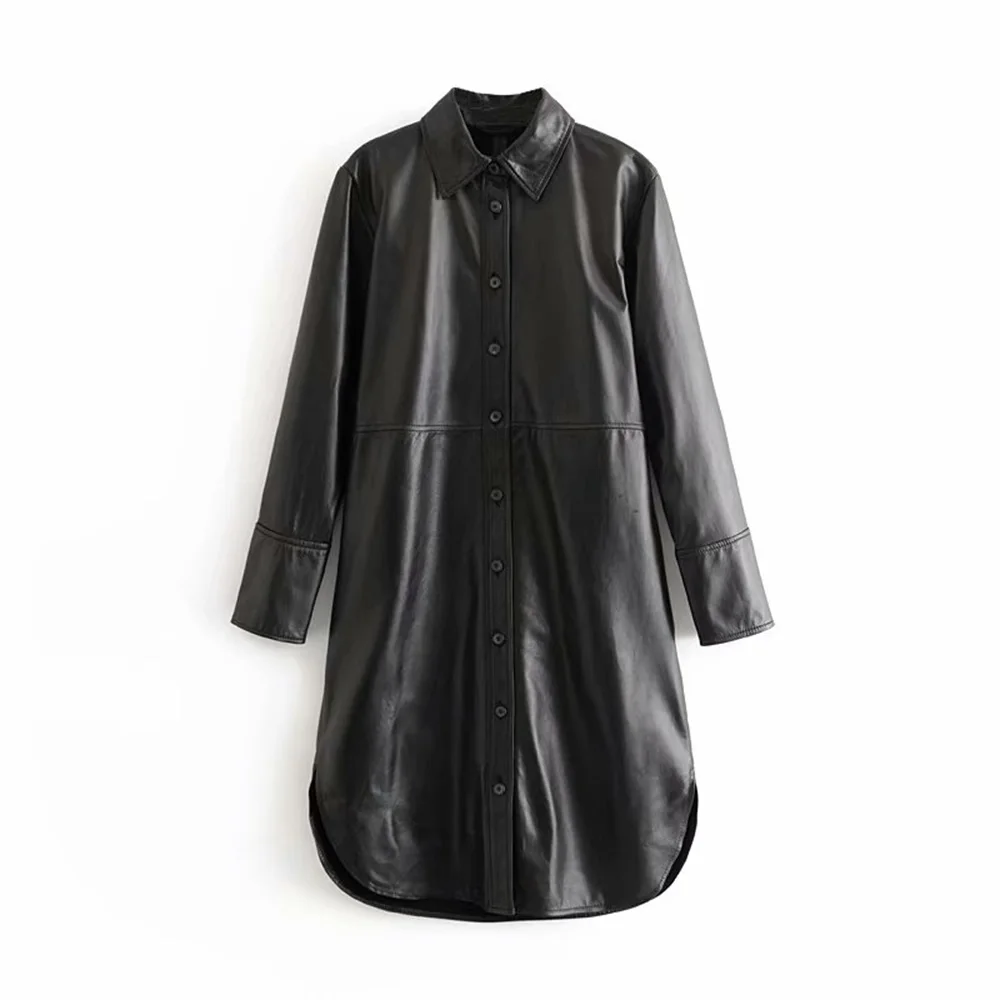 ZA Женская Осень новая рубашка с длинными рукавами с отворотом и широкими рукавами куртка сто тонкая искусственная кожа рубашка платье - Цвет: Черный