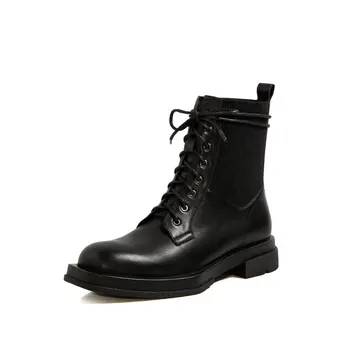 

Elegant Genuine Leather Ladies Ankle Boots Cross Tied Thick Heels Women Shoes 2021 Auutmn Winter Wedding Basic Women Boots
