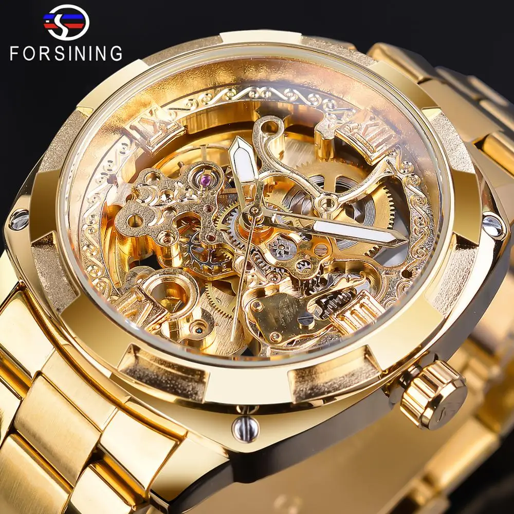 Ceny Forsining Retro męska automatyczne mechaniczne Wirstwatches Top marka luksusowe pełna złoty kolor świetliste dłonie szkielet zegar mężczyzna