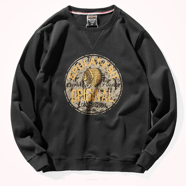 American Retro Terry Printed Hoodies Men's Pure Cotton Washed Old Round  Neck Pullover Knitted Long-sleeved Casual Sweatshirts
