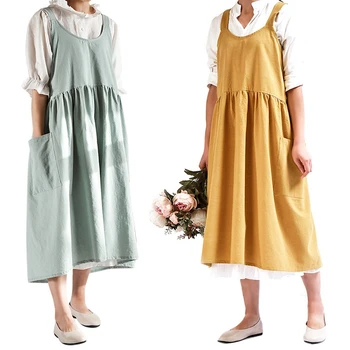 

2x Medieval Washed Cotton Linen Kitchen Apron for Cooking Baking Flower Shop Ruffles Work Clean Apron Mint & Yellow