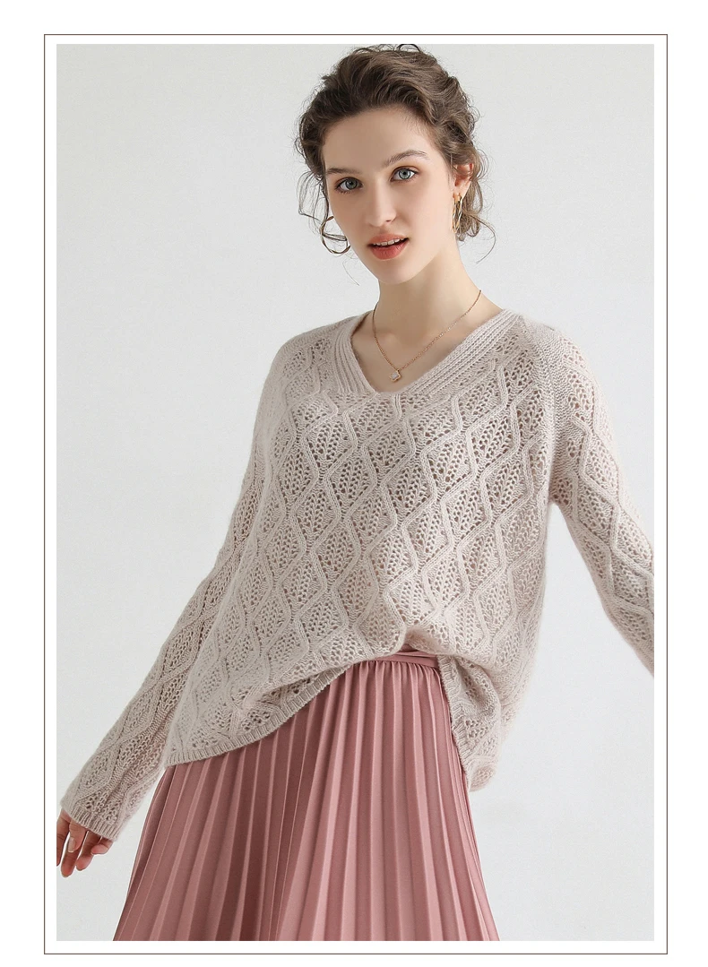 new style Pure cashmere lady's sweater V collar casual Hollow out with wide stitches cashmere sweaters