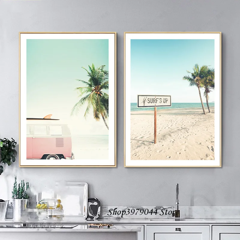 

Nordic Seascape Poster Beach Pink Car Posters And Prints Green Plant Sea Wall Art Canvas Painting Wall Pictures Cuadros Unframed