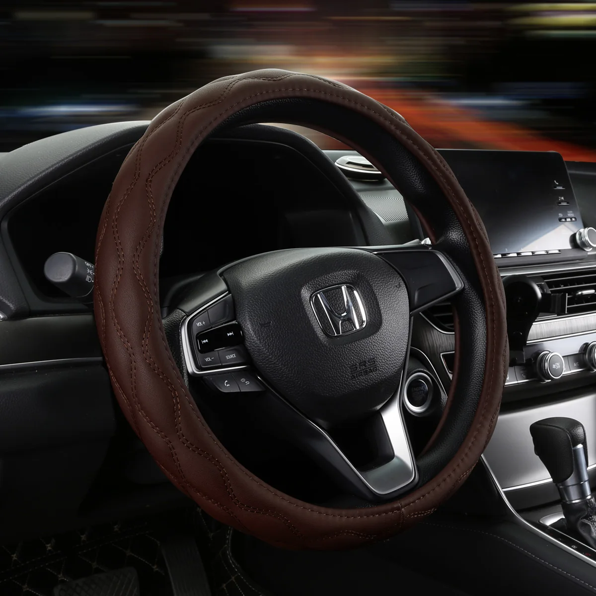 

Sewing Wave Patterns Steering Wheel Cover PU Leather Anti Slip Car Wheels Cover Case Accessories Black Coffee