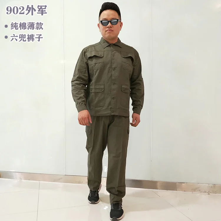 Summer Pure Cotton Outerwear Army Green Labor Overalls Long Sleeve Breathable Button Multi-pockets Training Clothes Set Men's