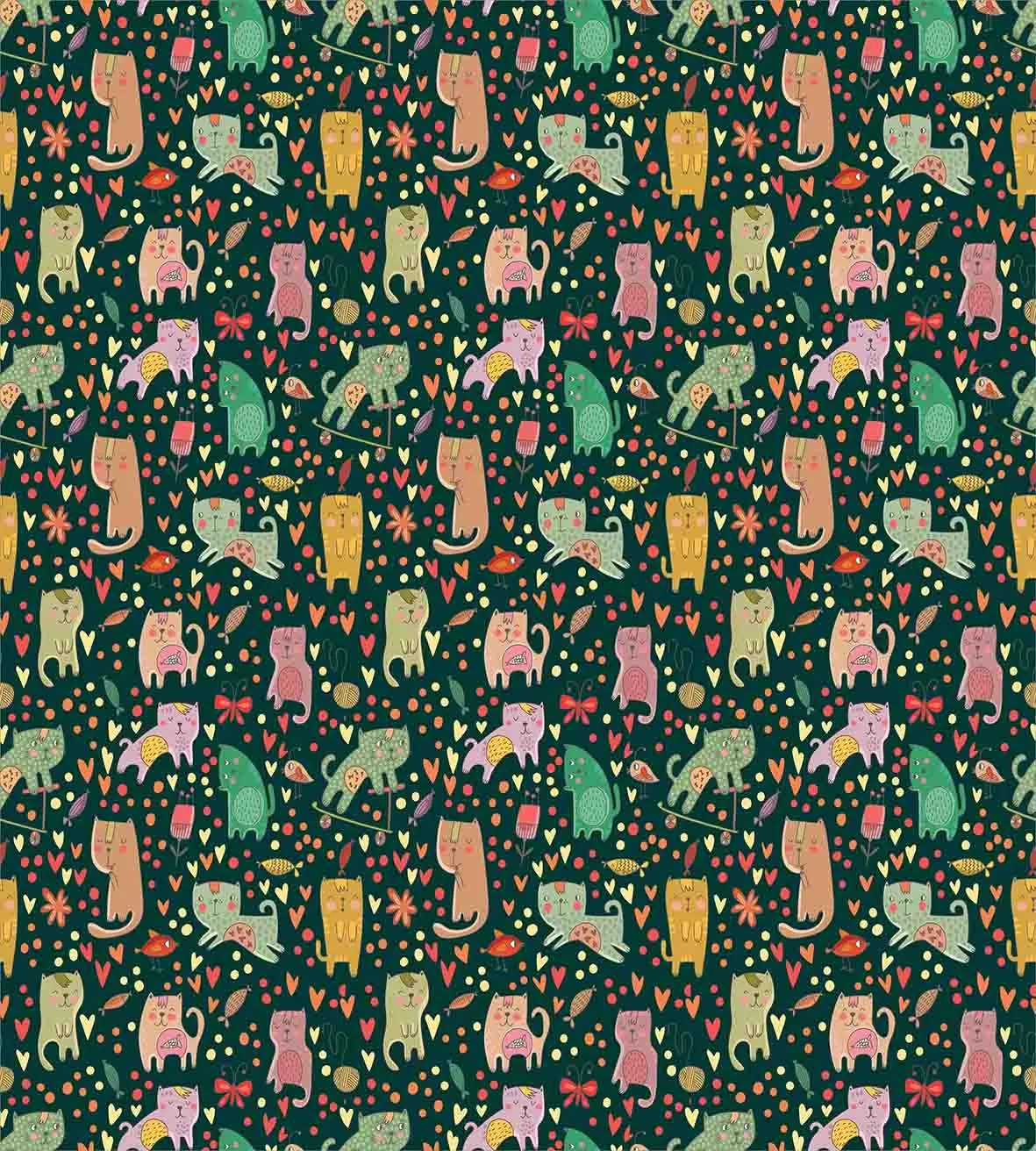 Набор пододеяльников для пуховых одеял с изображением кота детский мультяшный стиль Кошачий узор на сердечках в горошек и рыбках фон животные тема декоративная 3 предмета