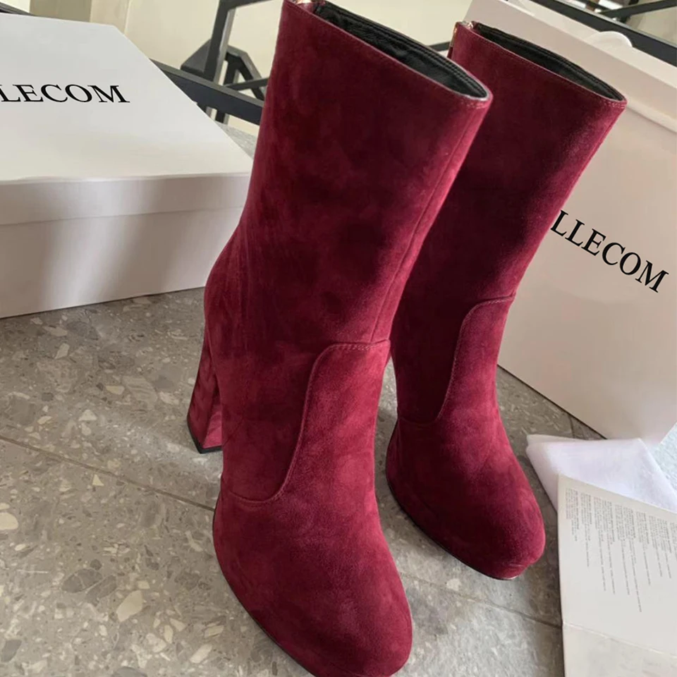 

SONFRNCH 2019 Autumn and Winter New High-heeled Mid-cylinder Boots Thick-heeled and Thick-soled Martin Boots Bare Boots