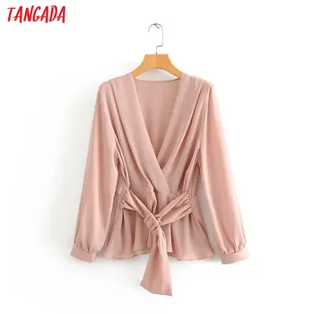 

Tangada women stylish pink shirt with belt v neck long sleeve blouse office lady elegant blouse top blusas mujer 3A56