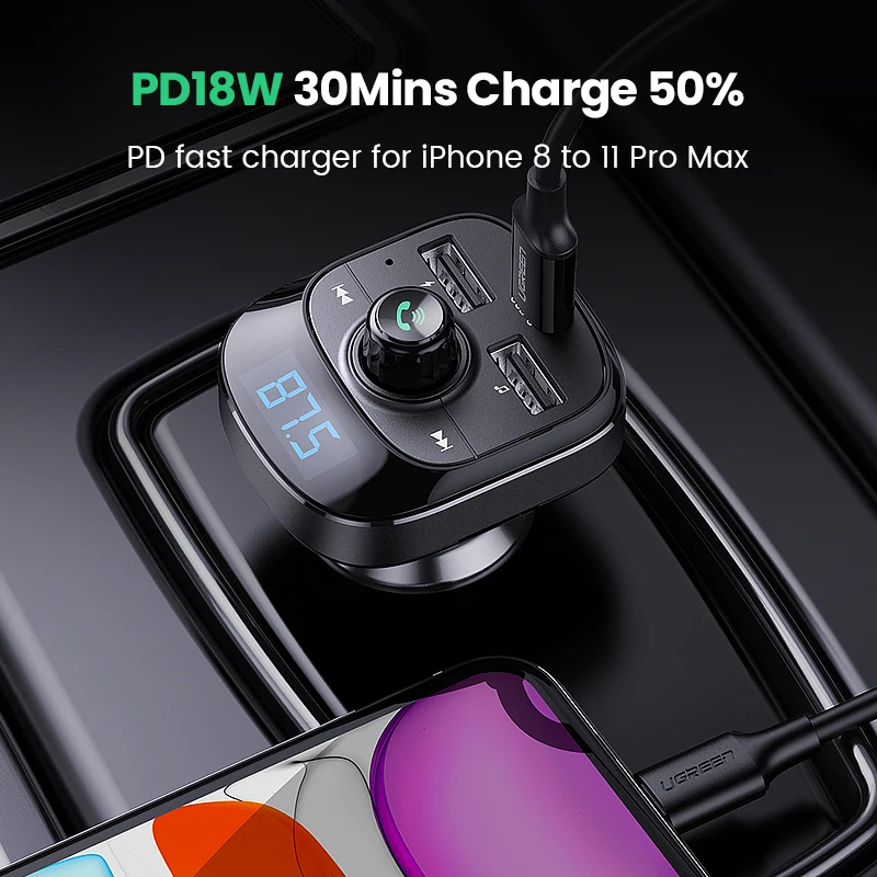  Ugreen PD Auto Ladegerät Schnell Ladung 40 30 FM Transmitter Bluetooth Freisprechen FM Modulator Sc