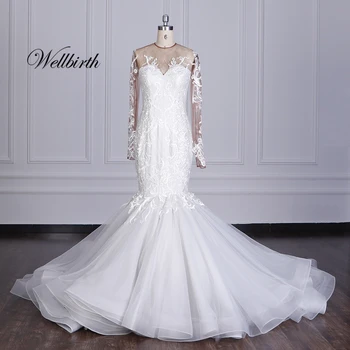 

100% real picture Wellbirth Vestido de novia tulle bead Mermaid Wedding dress Full Sleeve sweetheart-neck Bridal gown 3021