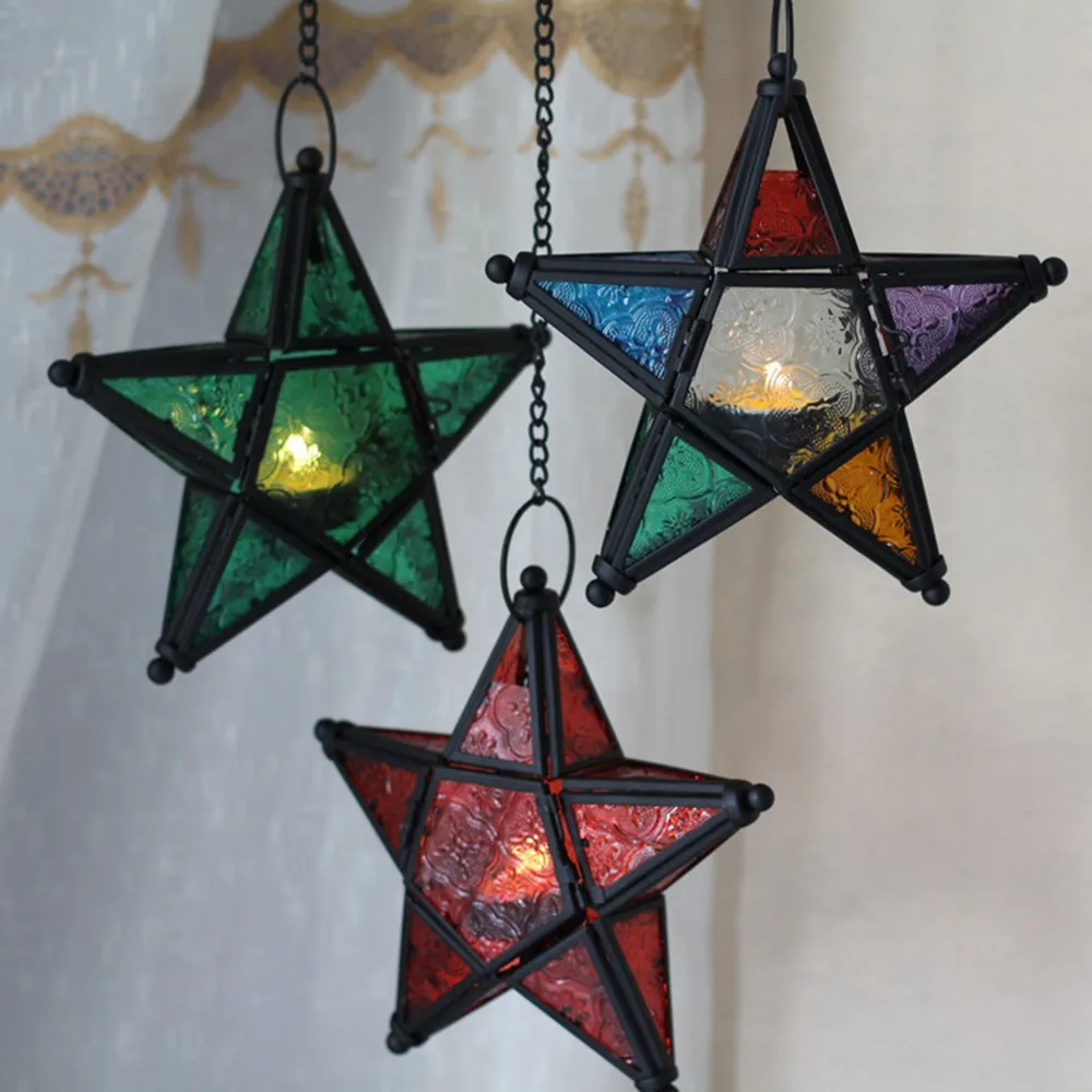 Romantic Lantern Metal Iron Candle Holder Candlestick Five-pointed Star Lantern Cabin Micro Landscape Hanging Stand Home Decor