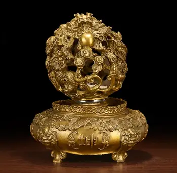 

Copper Statue Pure copper dragon turns to heaven and earth tripod ornament, Jiulong drama pearl cornucopia office Fengshui tran