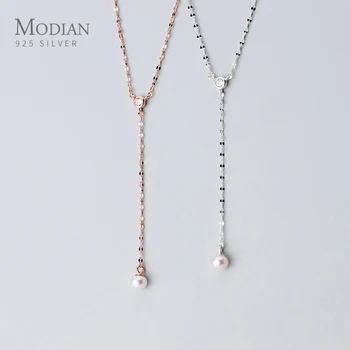 

MODIAN 925 Sterling Silver Shiny Zircon Y-Shape Elegant Pearl Pendant Necklace for Women Rose Color Gold Necklace Fine Jewelry