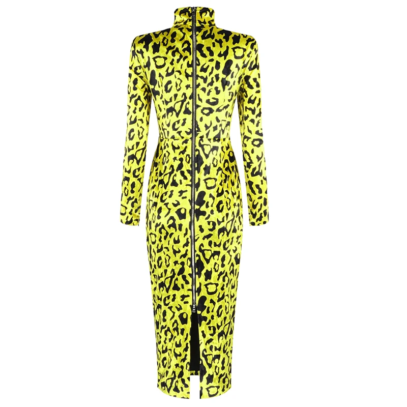 Для женщин сексуальный длинный рукав в леопардовом стиле желтого цвета для ночного клуба вечерние платье дамы Мода по колено платье Vestido