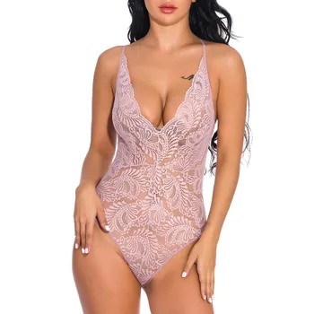 

Fashion Women Lace Bodysuit Sexy Deep V-Neck Jumpsuit Solid Color Blackless Spaghetti Strap Skinny Romper Woman Body Suits 2020