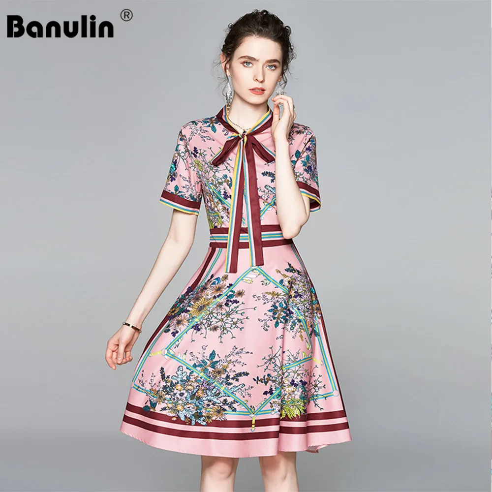 

Banulin 2020 Spring Summer Fashion Runway Vintage Dress Women's Short Sleeve bow tie Retro Floral Print Elegant Short Dress