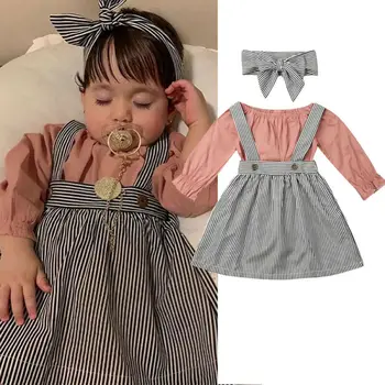 

CANIS Autumn 0-24M Baby Girl Romper Top Bib Dress Long Sleeve Ruffles Stripe Skirt Outfit Clothes Set Headband