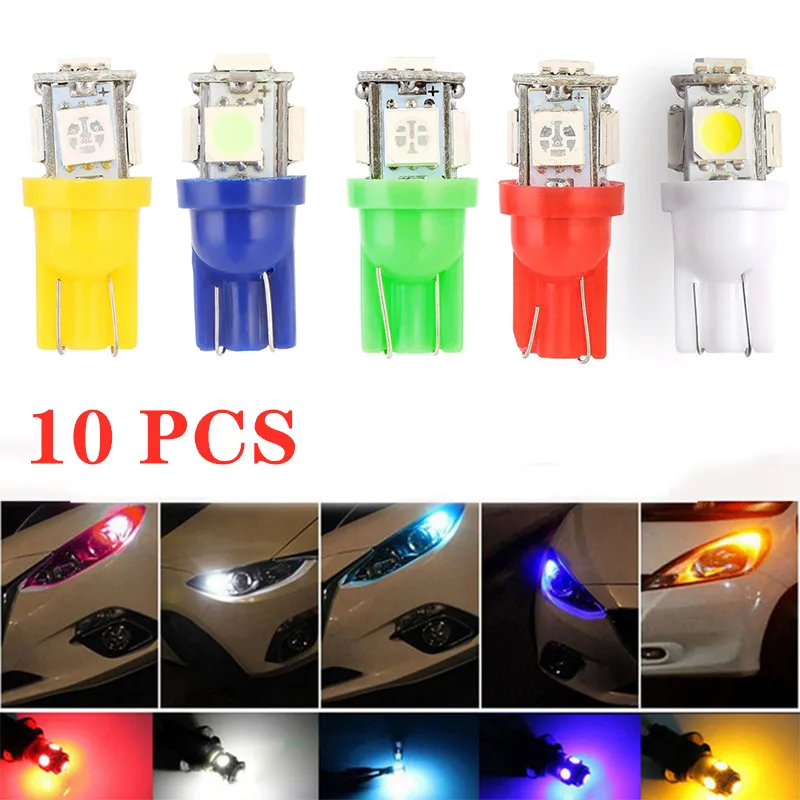 10 шт. W5W светодиодный лампочка 5 SMD светодиодный белый синий красный желтый зеленый 194 168 супер яркие клиновидные лампочки лампы 12V 5050 SMD