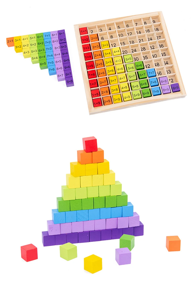 Jogo de Tabuleiro Madeira Arco-íris Material Multiplicação Mesa Cubo Bloco Montessori Educação Bandeja Matemática Aritmética Ensinar Atividade Brinquedo 99 5 Tabuleiro de madeira com material arco-íris 99,