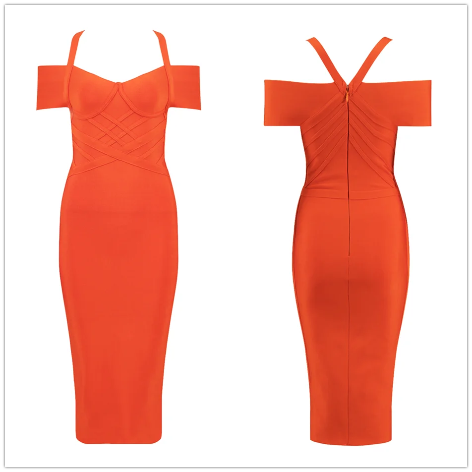 New Summer Bandage Dress Women's Sexy Orange V-Collar Shoulder Club Bodycon Midi Dresses Celebrity Party Dresses