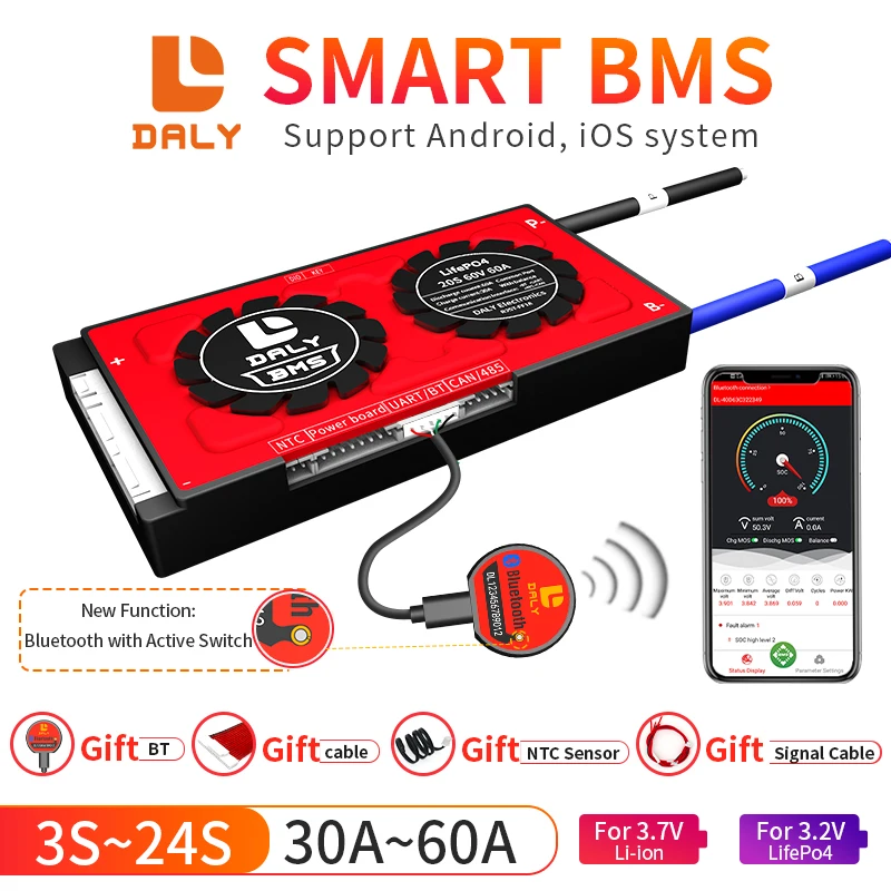 Daly 18650 Smart Battery BMS Lion LiFePO4 3S 4S 7S 10S 12S 13S 16S 20S 24S 30A 40A 60A 12V 24V 36V 48V With CANbus Function | Электроника