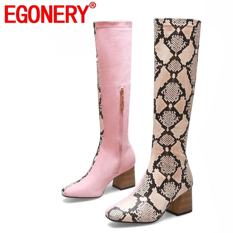 EGONERY; сезон весна-зима; Новинка; модные сапоги до колена; Уличная обувь на высоком каблуке с квадратным носком; смешанные цвета; женская обувь размера плюс; Прямая поставка