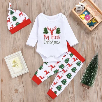 

2019 New Christmas Newborn Baby Girls Boys clothes 3 pcs set Tops Romper Pants Outfits long sleeve baby clothing sets 0-18 M