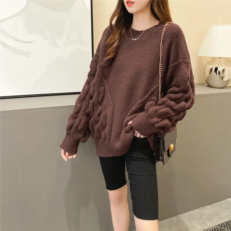 Neploe, свободный, необычный стиль, твист, вязаный, Pull Femme Hiver, толстый, круглый вырез, длинный рукав, теплый пуловер, свитер, Осень-зима, Sueter - Цвет: Dark coffee