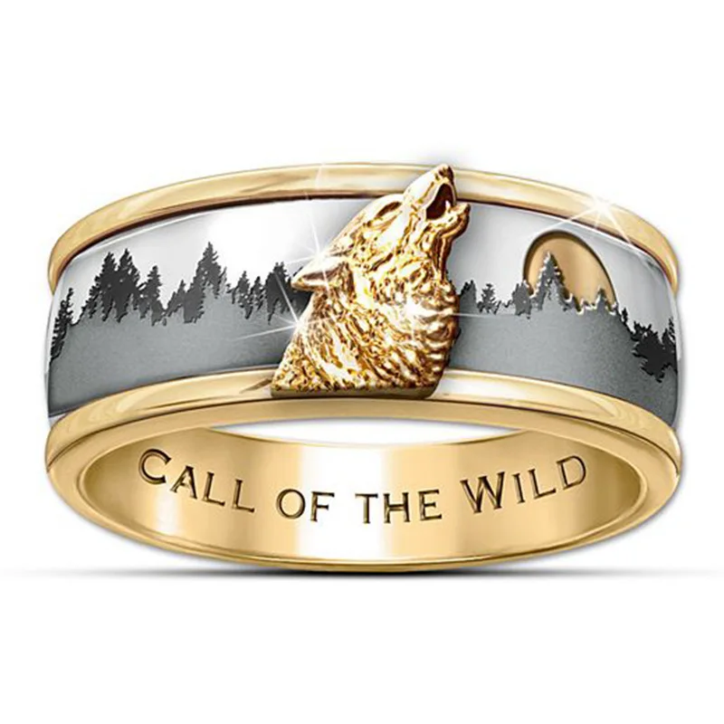 Hot Sale Two Tone Gold Colour Silver Color Call Of The Wild Wolf Men's Ring Fashion Band Viking Rings For Women Boho Jewelry | Украшения