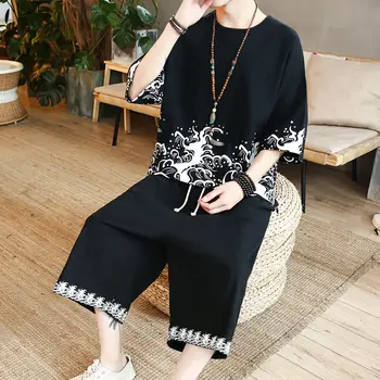 

Summer men suits tracksuit men linen Chinese style short-sleeved t-shirt & pants casual sportswear cotton two-piece suits summer