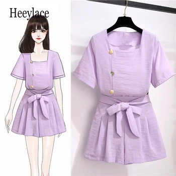 

2020 Summer solid two piece set office ladies short sleeve top and pleated shorts set for women sweat tracksuits wpmen set