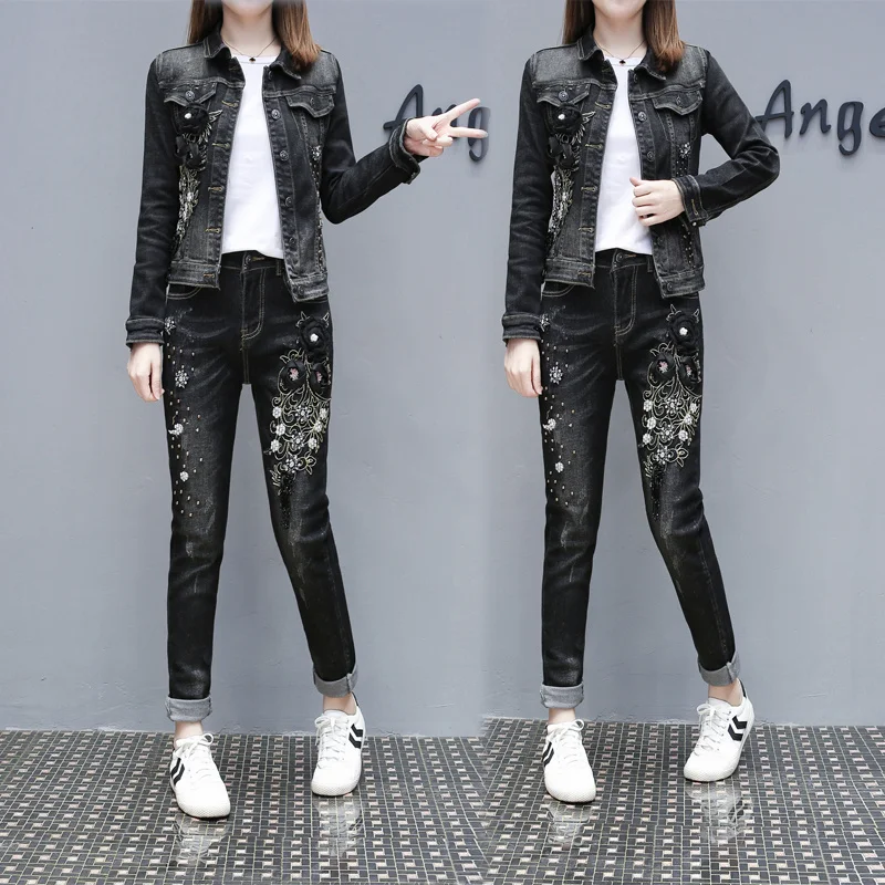 

European 2020 Spring Autumn New Heavy Industry Bead Embroidery Flower Short Jacket + Small Feet Jeans Two Piece Set Women