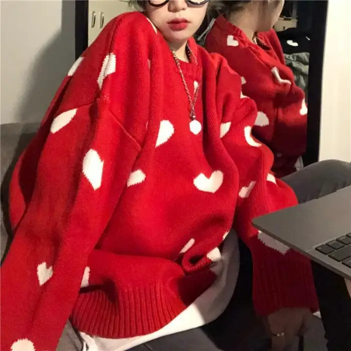 

2021 Autumn Winter Women Sweater Korean Love Heart Knitted Pullover Tops Causal Long Sleeve O-neck