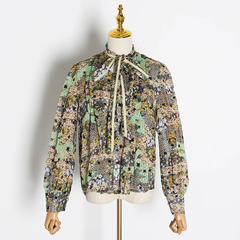 TWOTWINSTYLE Print Patchwork Sequin Women's Shirt Stand Collar Long Sleeve Lace Up Bowknot Autumn Blouse Female Fashion New