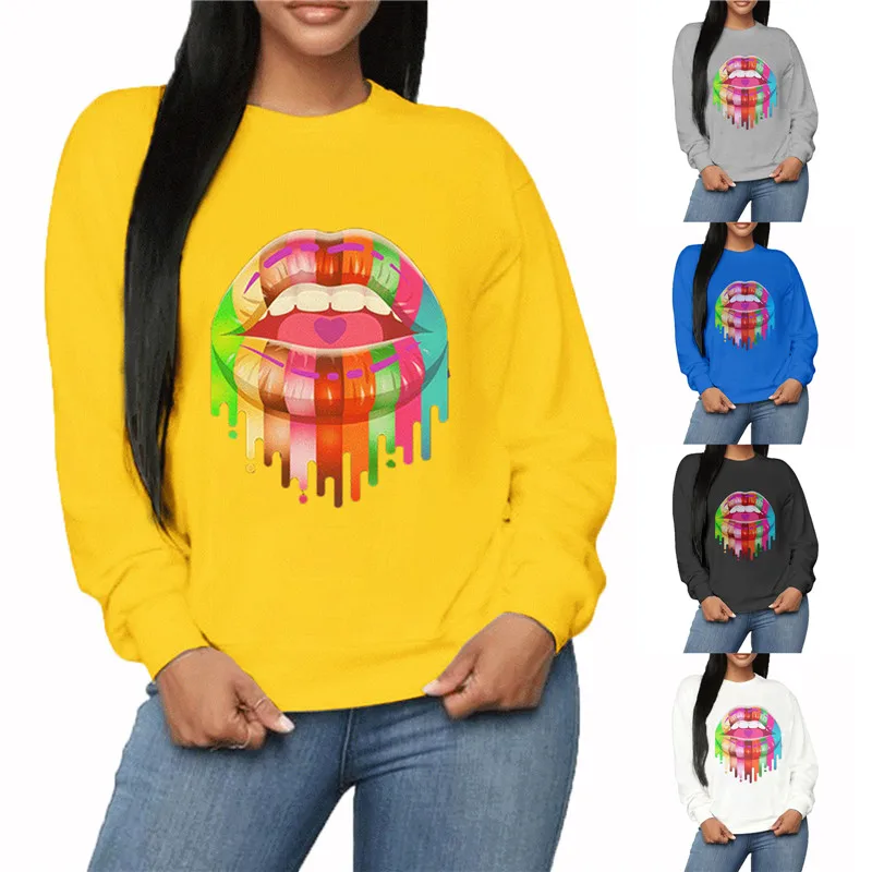 

Women Lip Print Pullover Top Casual Style Hooded Hoodie Autumn Loose Long Sleeve Round Neck Sweatshirt Tops Clothing For Women