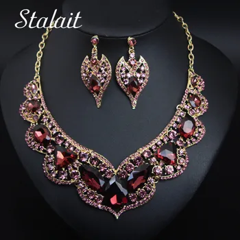 

Demure Luxury Bridal Jewelry Sets Full Purple Water Drop Shape Crystal Necklace Earrings Clavicle Gold Color Dress Accessories
