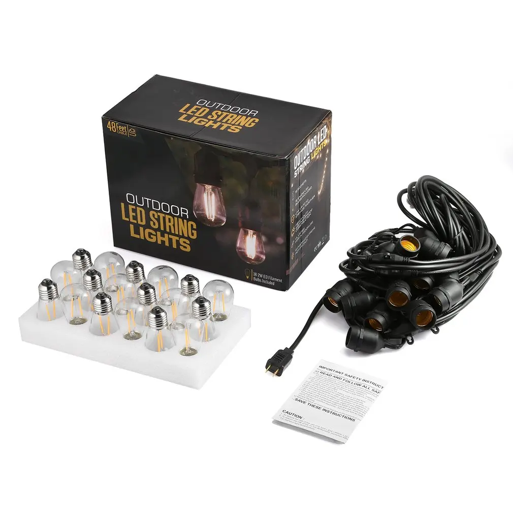 

48FT Outdoor LED String Lights 15 LED S14 Bulbs Hanging Sockets Weatherproof UL-listed Perfect Patio & Party Lights Warm White