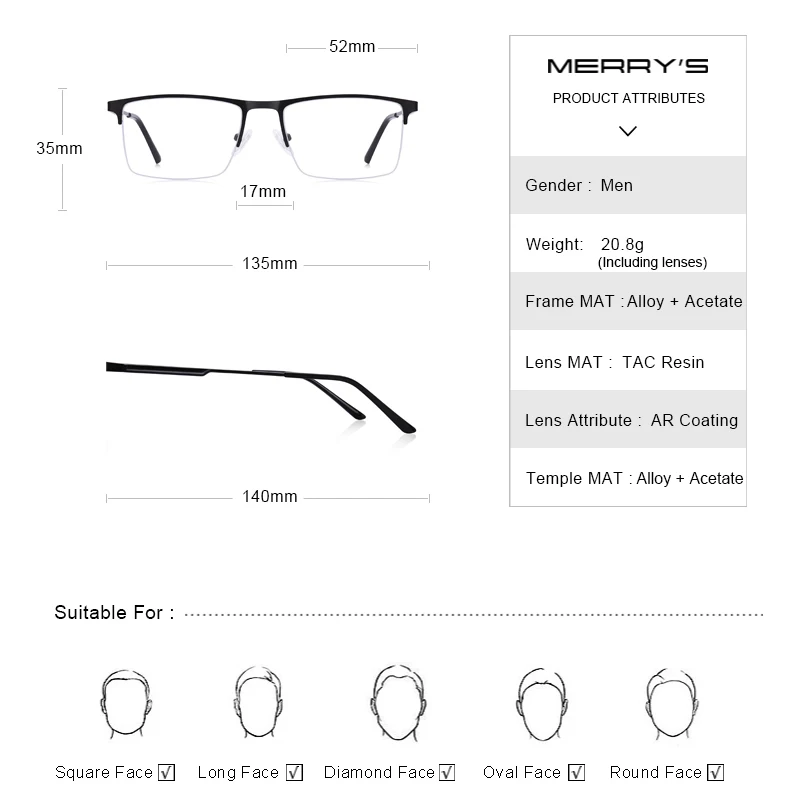 MERRYS дизайн мужские качественные очки мужские полуоправа полуоправы светильник близорукость рецепт сплав Квадратные очки S2008