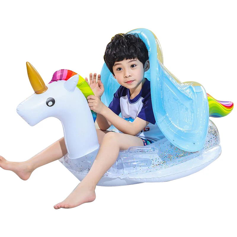 

0-3 Years Old Baby Inflatable Unicorn Swan Pool Float with Sunshade Ride-On Swimming Ring Safe Seat Water Toys Infant Circle