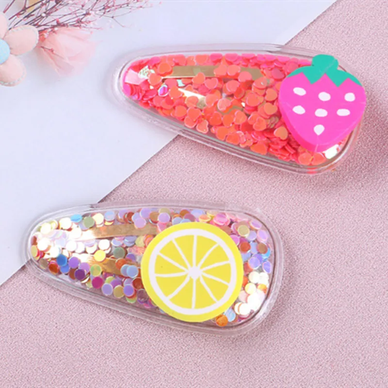 Новинка разноцветные блестящие заколки для волос прозрачные детские с фруктами