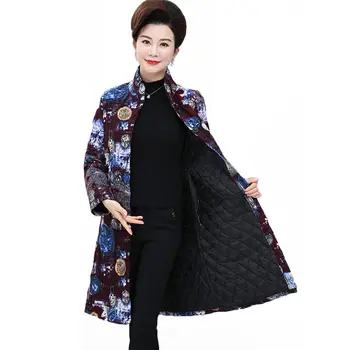 

Middle-aged Women's Autumn and Winter Thin Cotton Coat Mother Long Print Shirt Chinese Style Cotton Linen Jacket Plus Size f1952