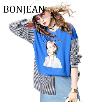 

BONJEAN Striped Patchwork Shirt for Women 2019 Autumn Tops and Tees Long Sleeve Casual Appliques Shirts Blue T Shirt BJ1806