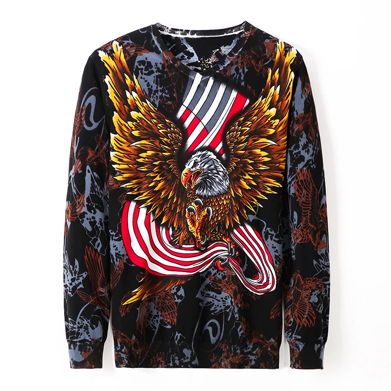 

2020 Eagle Print Male Kniteed Sweater Party Prom Male Outfit Pullover Mens Knitwear Clothes M-3XL