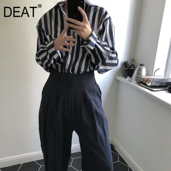 

[DEAT] 2020 Autumn Women's Fashion Trend New Pattern Korean Lapel Vertical Stripes Slim Wild Casual Long-sleeved Shirt AI555