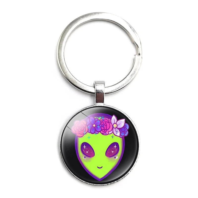 

Funny Alien Key Ring Glass Cabochon Car Key Pendant Male and Female Keychain Gift Jewelry