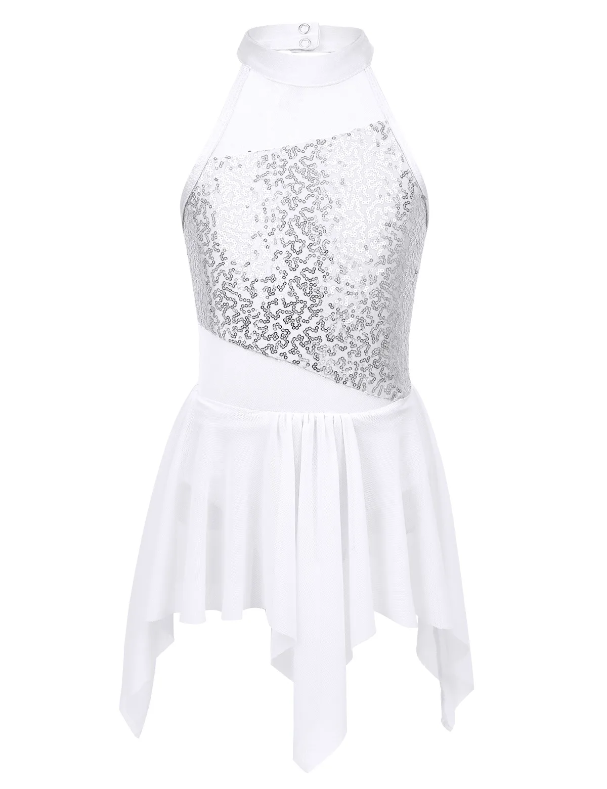 Kids Girls Sequins Ballet Dress Sleeveless Mock Neck Asymmetrical Hem Leotard Dress Lyrical Latin Jazz Dance Costumes Dancewear