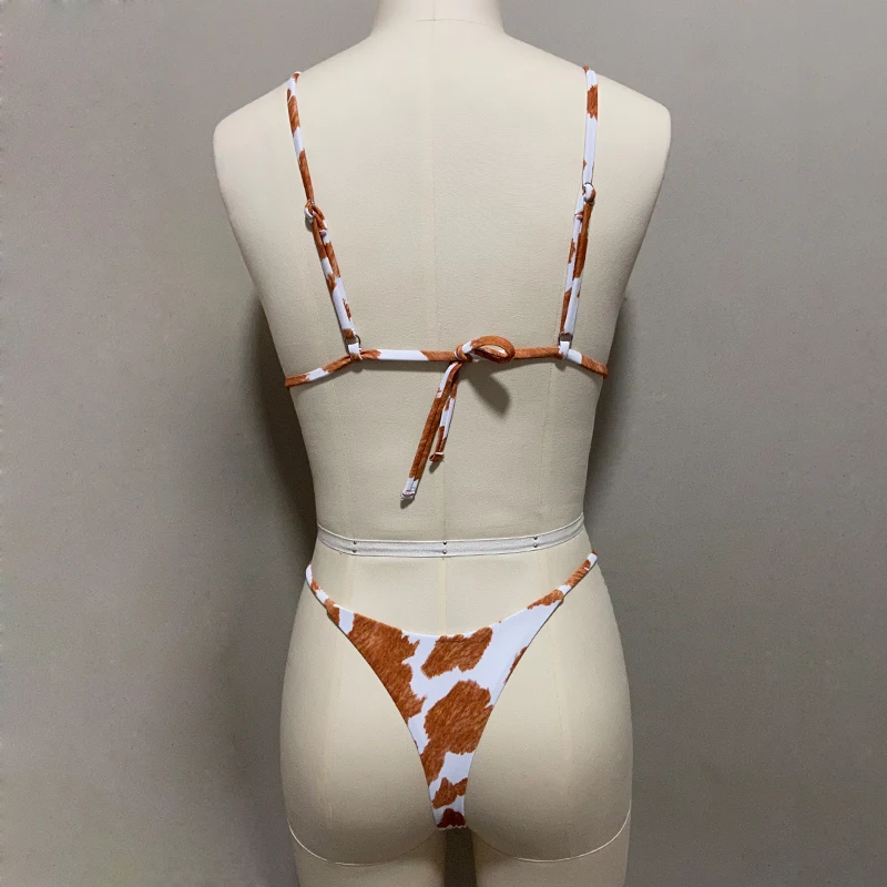 Sexy Push-Up Cow Print Bikini – Strappy Padded Bra and Low-Waist Bandage Swimsuit for Women Beachwear Beachwear Swimwear