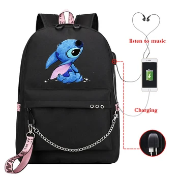 

Students Cartoon Stitch Usb Charge Backpack Boys Girls School Bag Men Women Rucksack School Bag Teens Daily New Chain Knapsack