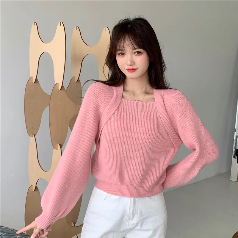 

Female Puff Sleeve Square Collar Pullover Sweaters Women Casual Solid Knitting Sweater Tops Ladies Autumn Winter Knittwear Jumpe